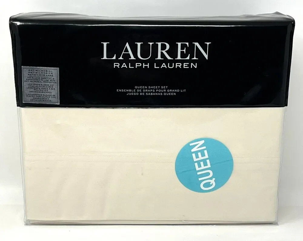 Ralph Lauren Sloane Ivory Queen Sheet Set 4 Pcs. Cotton Percale NIP $170